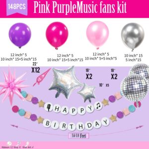 Pink purple silver music fans Balloon garland arch kit 140pcs disco ball Star mylar balloon & singer friendship Bracelets Shape Banner for girl sweet16 birthday Concert theme prom decorations