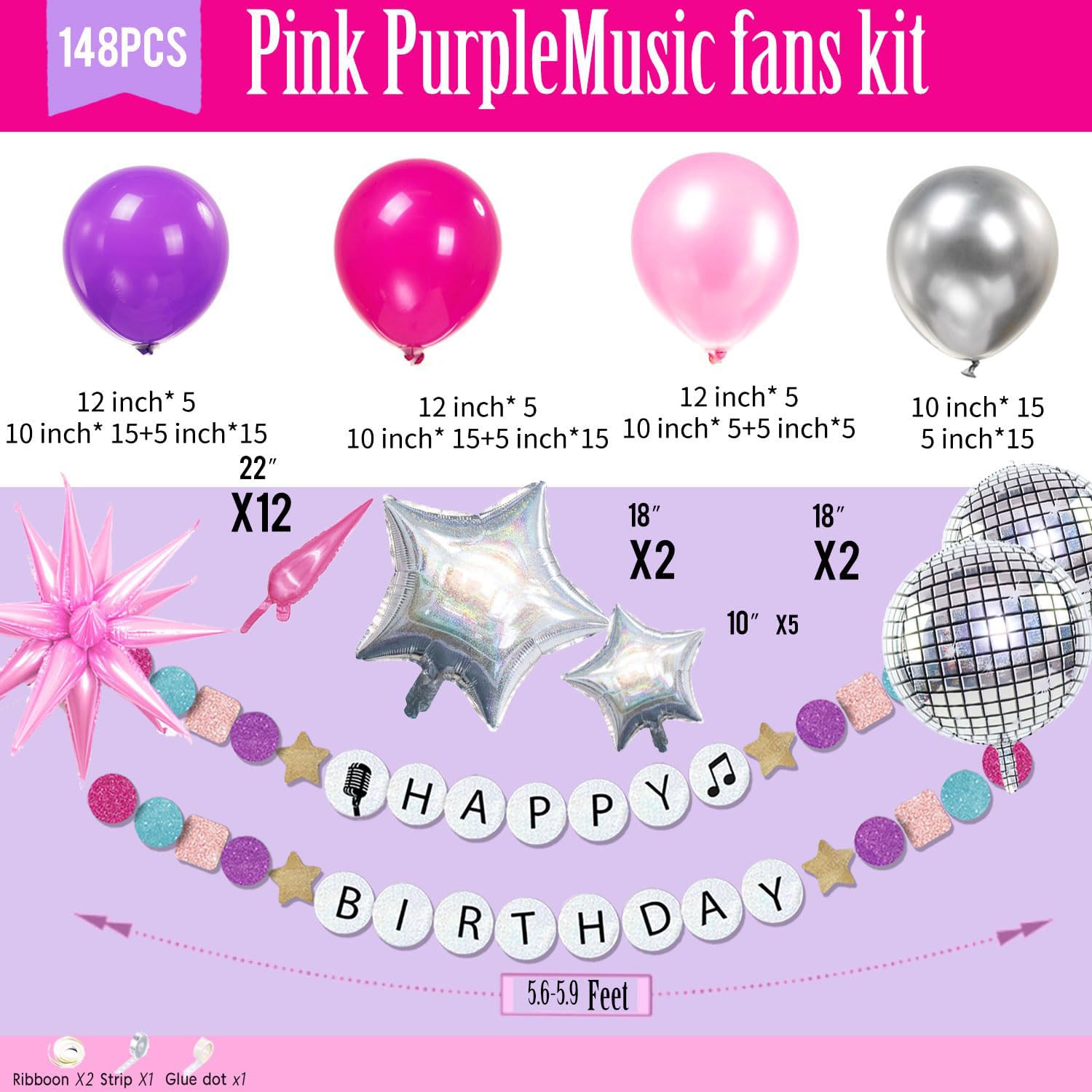 Pink purple silver music fans Balloon garland arch kit 140pcs disco ball Star mylar balloon & singer friendship Bracelets Shape Banner for girl sweet16 birthday Concert theme prom decorations