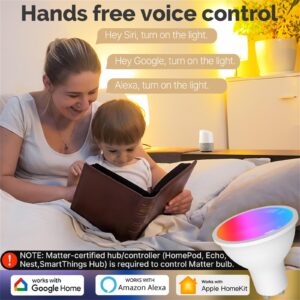 MOES Matter Smart GU10 LED Light Bulbs, Color Changing WiFi Smart Bulbs, 2700K-6500K CW& RGB Dimmable, Smart Life Remote Control, Work with Apple Homekit/Alexa/Google Home, 400lm 5W 4 Pack