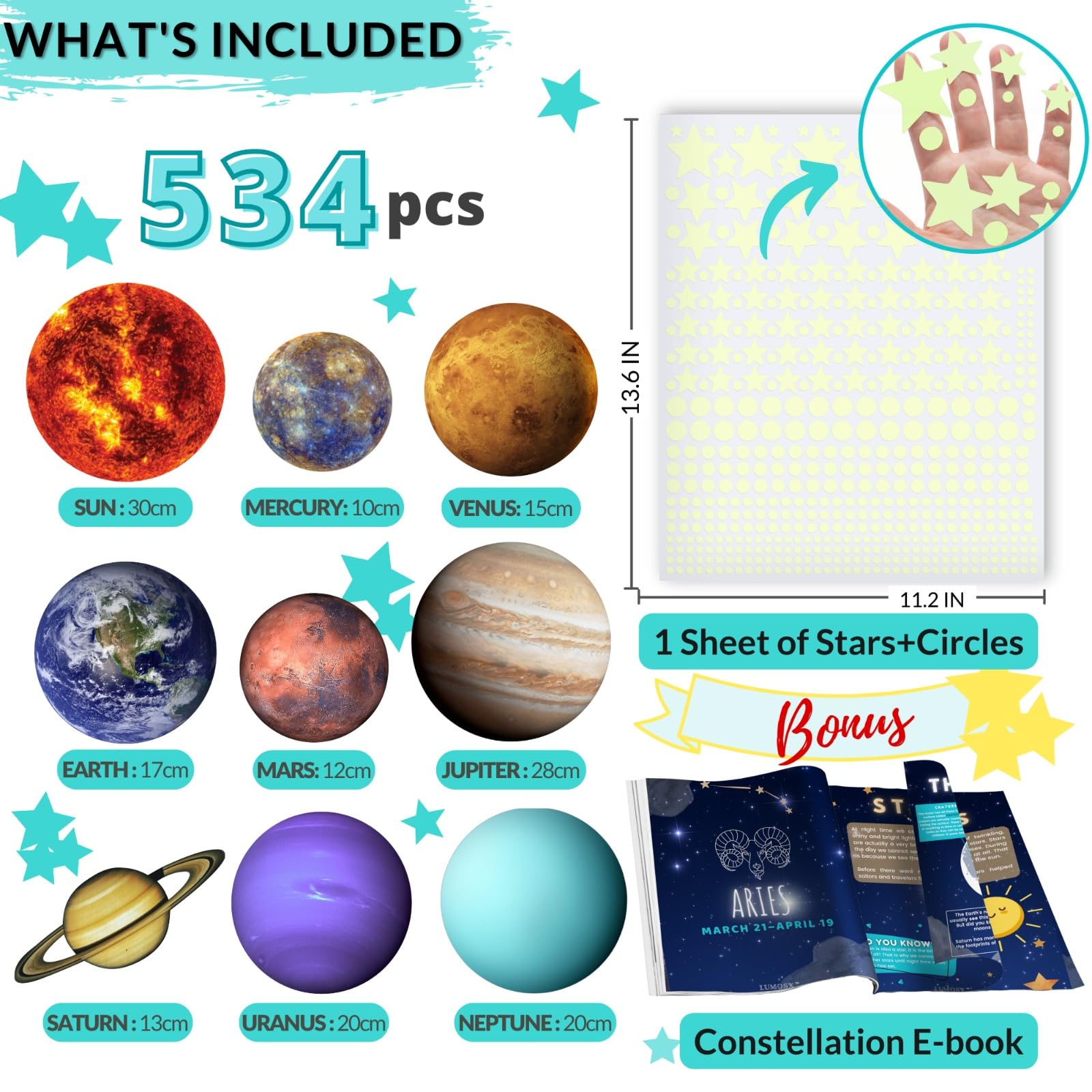 LUMOSX Glow in The Dark Stars for Ceiling - 534pcs Solar System Stickers Glowing Stars Planets & Constellation EBook Glow Stars for Ceiling Glow in The Dark Stars and Planets for Ceiling (Blue)