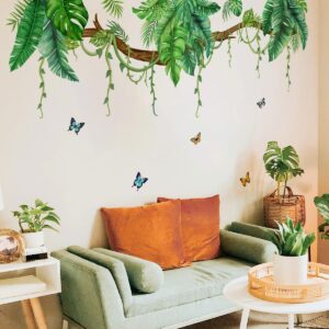 nxuebdu jungle wall decals tropical wall decor stickers hanging vines palm leaves wall murals peel and stick green plant with butterfly wall stickers for bedroom living room wall decor