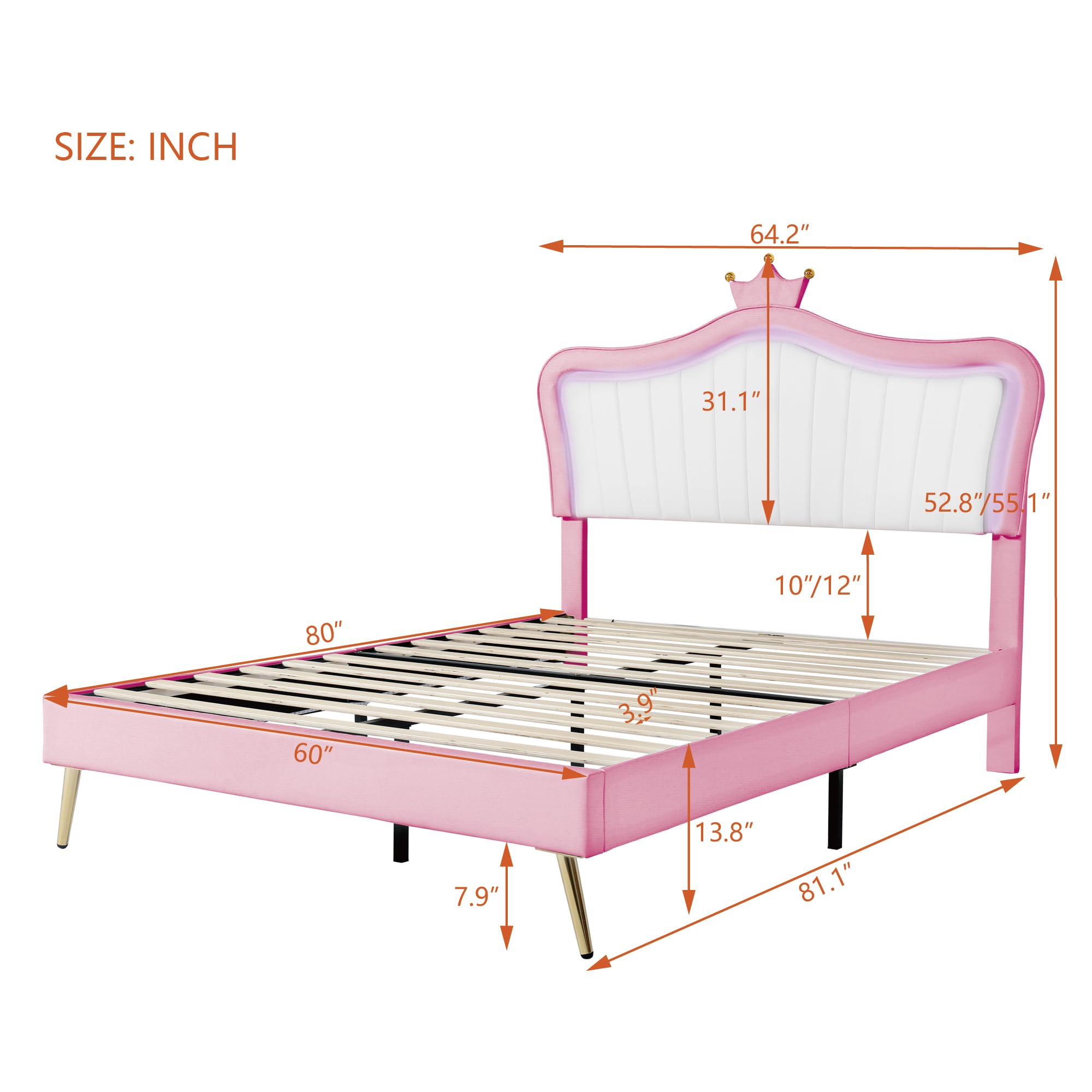 KTATK Queen Size Upholstered Bed Frame with Crown Headboard and LED Lights,Bedroom Wooden Princess Bed w/Metal Feets,Velcro Slats Support Design,for Girls,White+Pink