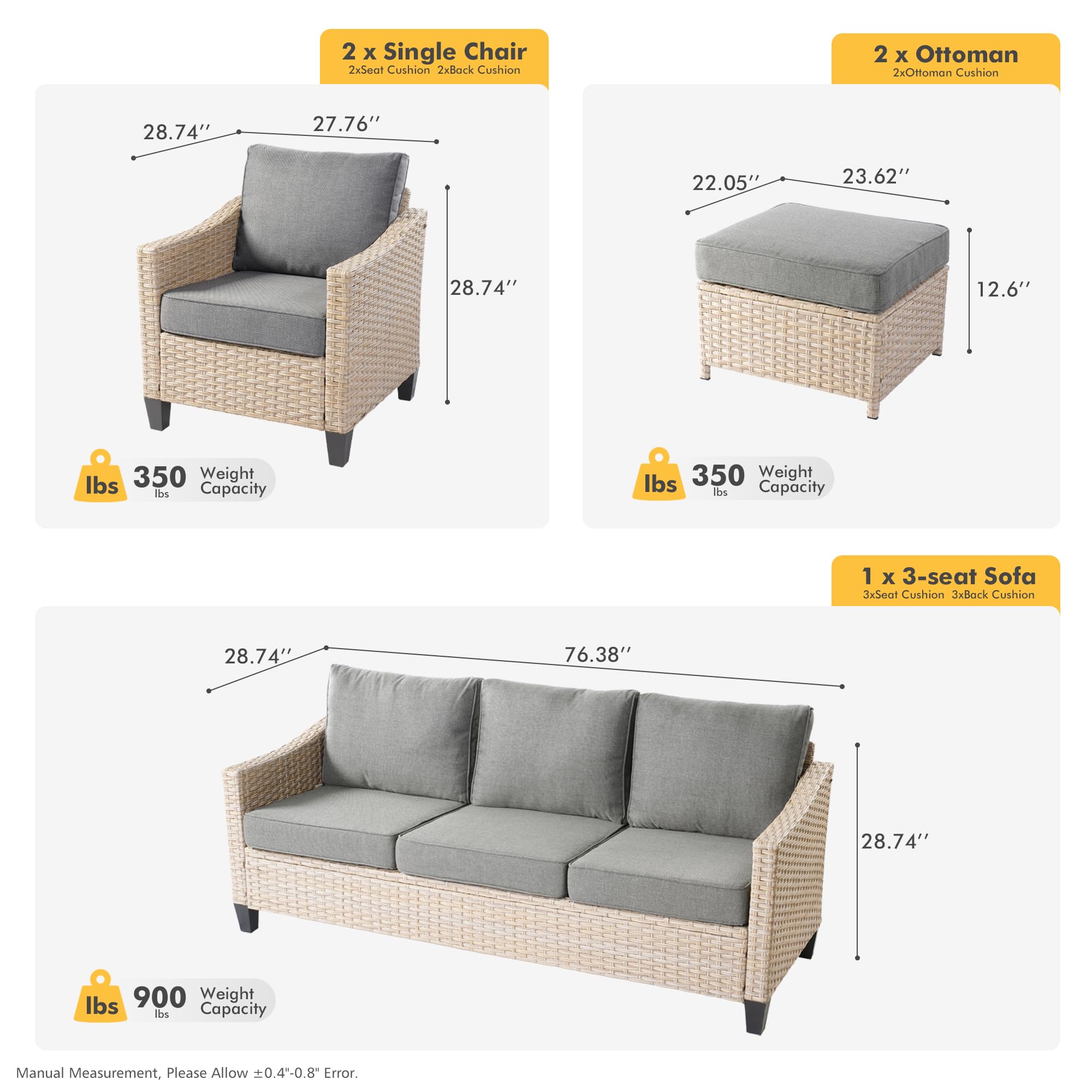 ovios 5-Piece Wicker Patio Furniture Set with Ottoman, Conversation Set with Water Resistant Thick Cushions, Outdoor Sectional Sofa for Outside Patio Balcony(Grey)