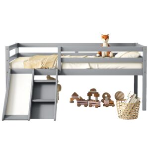 Low Loft Bed with Slide, Twin Size Kids Loft Bed Frame with Climbing Ladder and Safety Guard Rail, Wood Junior Loft Bed for Girls, Boys, Kids, Matte Gray.