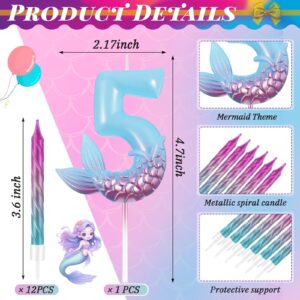 MTLEE 13 Pcs Birthday Candles Set 1 Mermaid Birthday Candle with 12 Pcs Rainbow Spiral Candles Mermaid Cake Toppers Mermaid Birthday Decorations Mermaid Theme Birthday Cake Candles (Number 5)