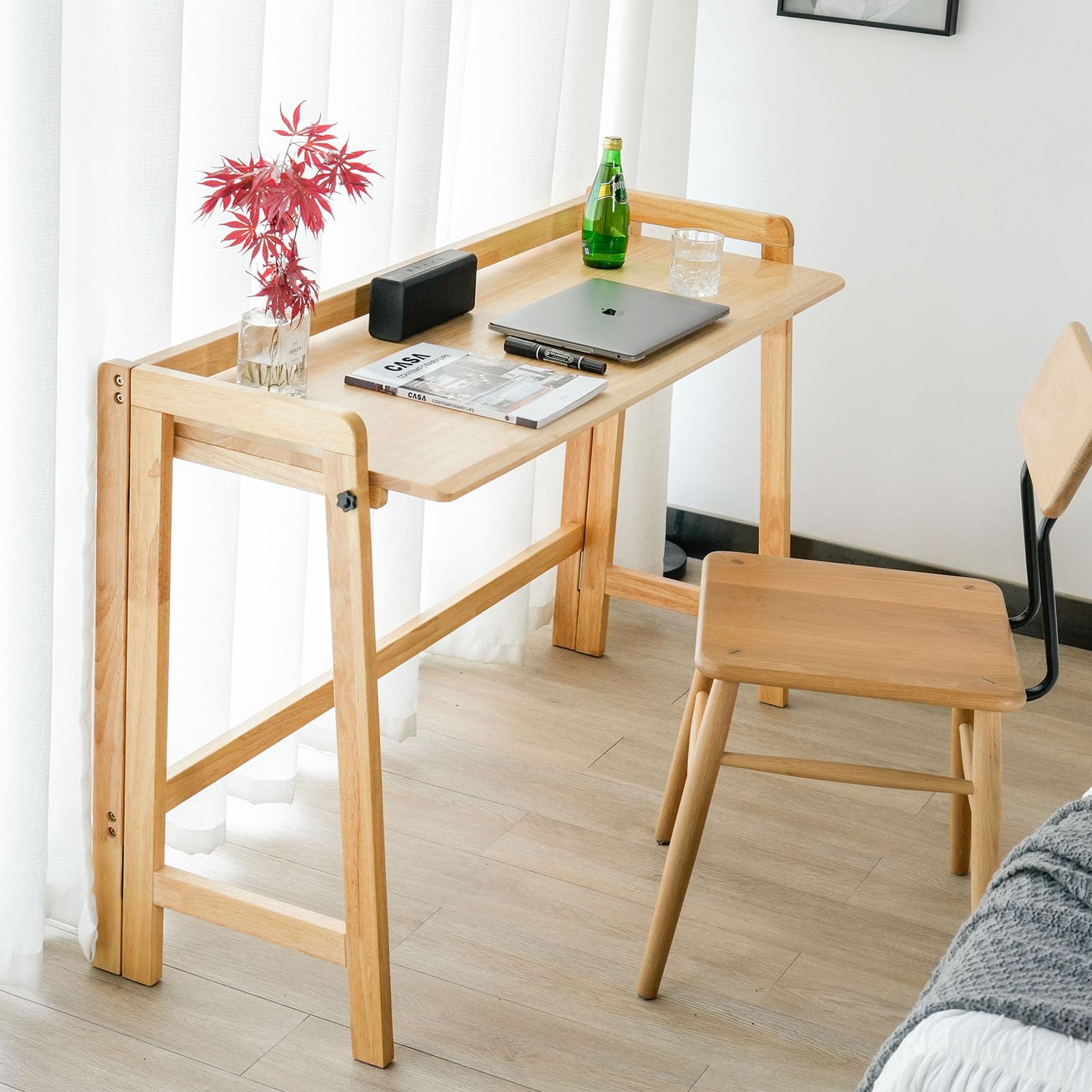 Cttasty Computer Desk, Foldable Desk, Home Office Desks, Solid Wood Writing Desk, Mid Century Modern Desks, Oak Study Table, Folding Desks for Small Spaces, 39.4 W x 27.6 H x 13.6 D Inches, Natural