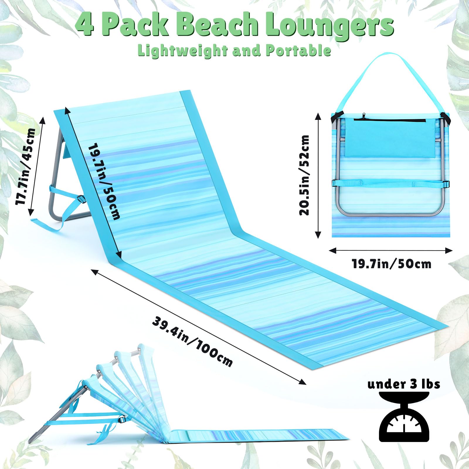 Tinideya 4 Pack Portable Beach Lounge Chairs Folding Beach Loungers for Adults, Lightweight Sunbathing Poolside Tanning Lounger, Outdoor Lounge Beach Mat for Beach Pool Music Festival Travel Camping