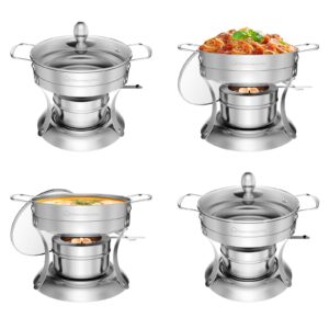 warmounts 1qt chafing dishes for buffet of 4, round chafing dishes buffet set with glass lid, individual single shabu hot pot, stainless steel chafers and buffet warmers sets for parties, weddings