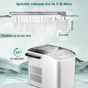 Bullet Ice Maker, 33 lbs/24H Counter Top Ice Maker, Portable Pellet with Self-Cleaning, 9 Cubes in 7-8 Mins, Ice Maker for Home, Office, Kitchen, RV