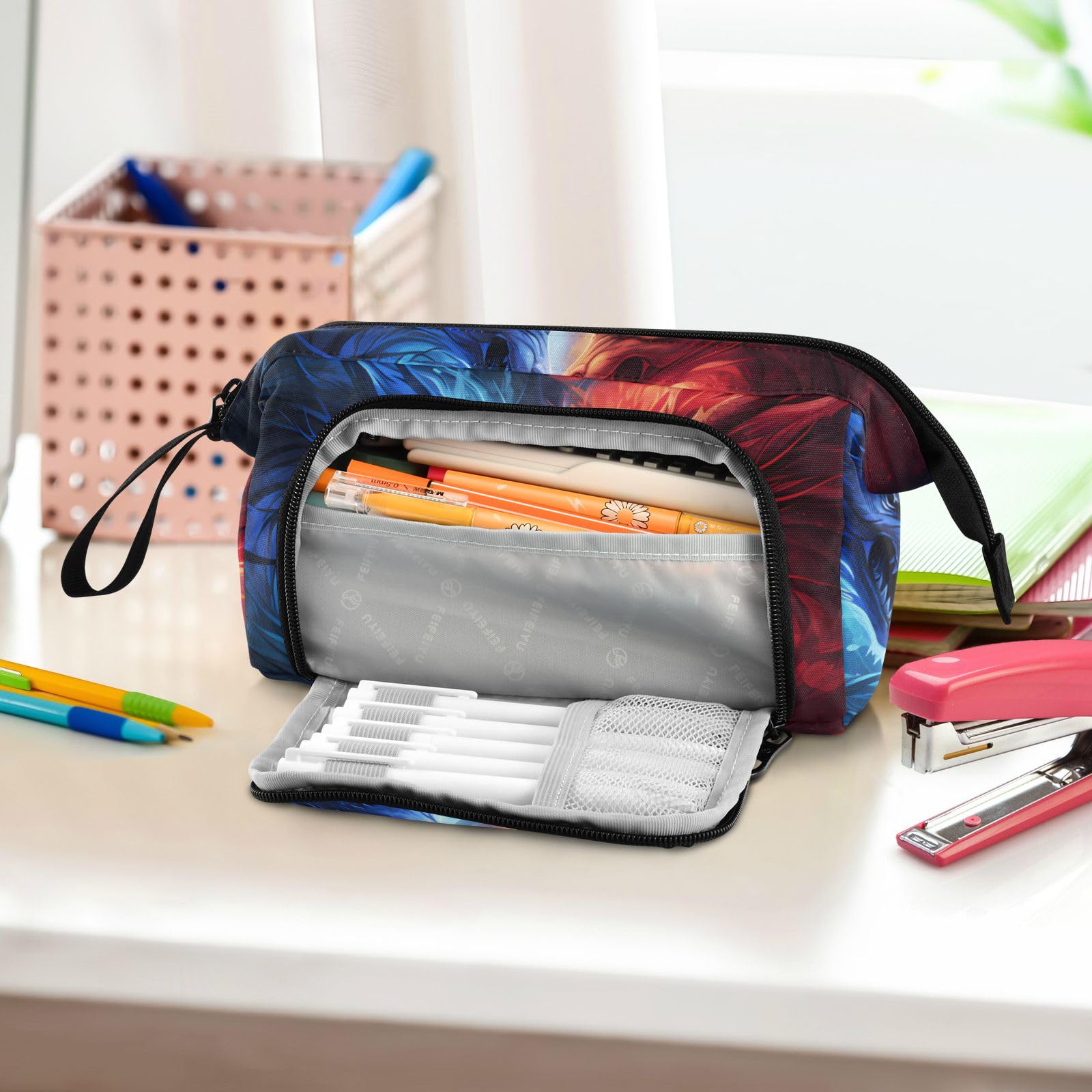 Big Capacity Pencil Case, Blue Red Dragon Pen Bag Pouch Holder Stationery Bag School College Office Organizer for Teen Adults Student