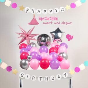 Pink purple silver music fans Balloon garland arch kit 140pcs disco ball Star mylar balloon & singer friendship Bracelets Shape Banner for girl sweet16 birthday Concert theme prom decorations