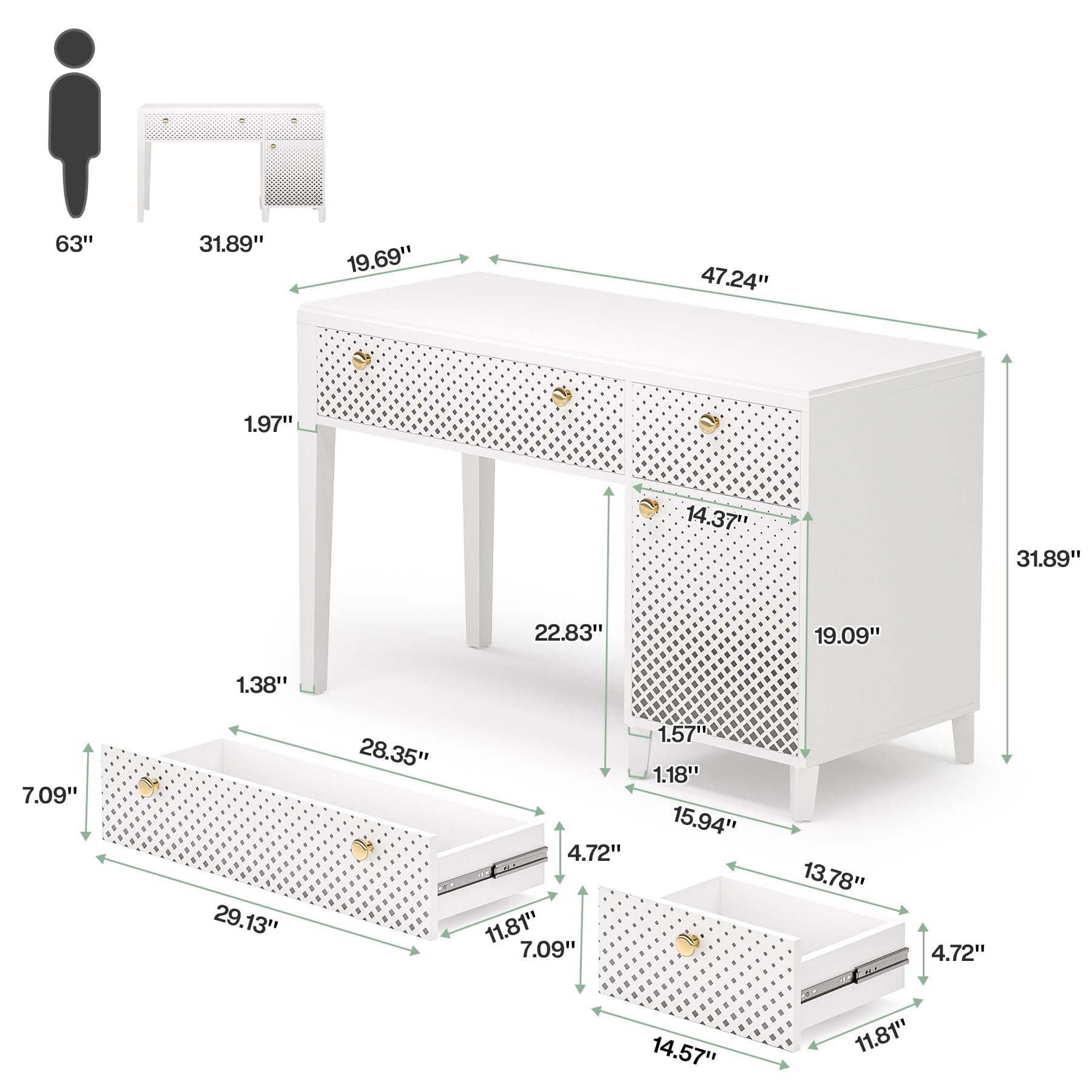 Tribesigns Computer Desk with Drawers, 47 Inches Home Office Desk with Storage Cabinet, Modern Study Writing Desk Makeup Vanity Table for Bedroom, White