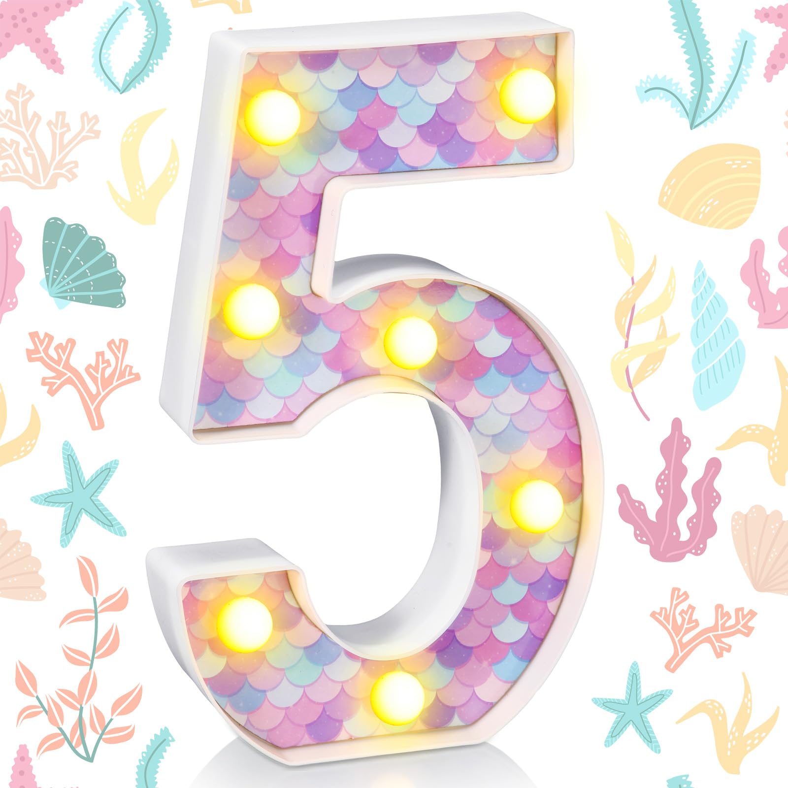 Glooglitter Mermaid Birthday Party Decoration, Decorative LED Glowing Numbers Mermaid Theme Marquee Digital Lights Table Centerpiece for Kids Under The Sea Birthday Baby Shower Party Decoration(5)