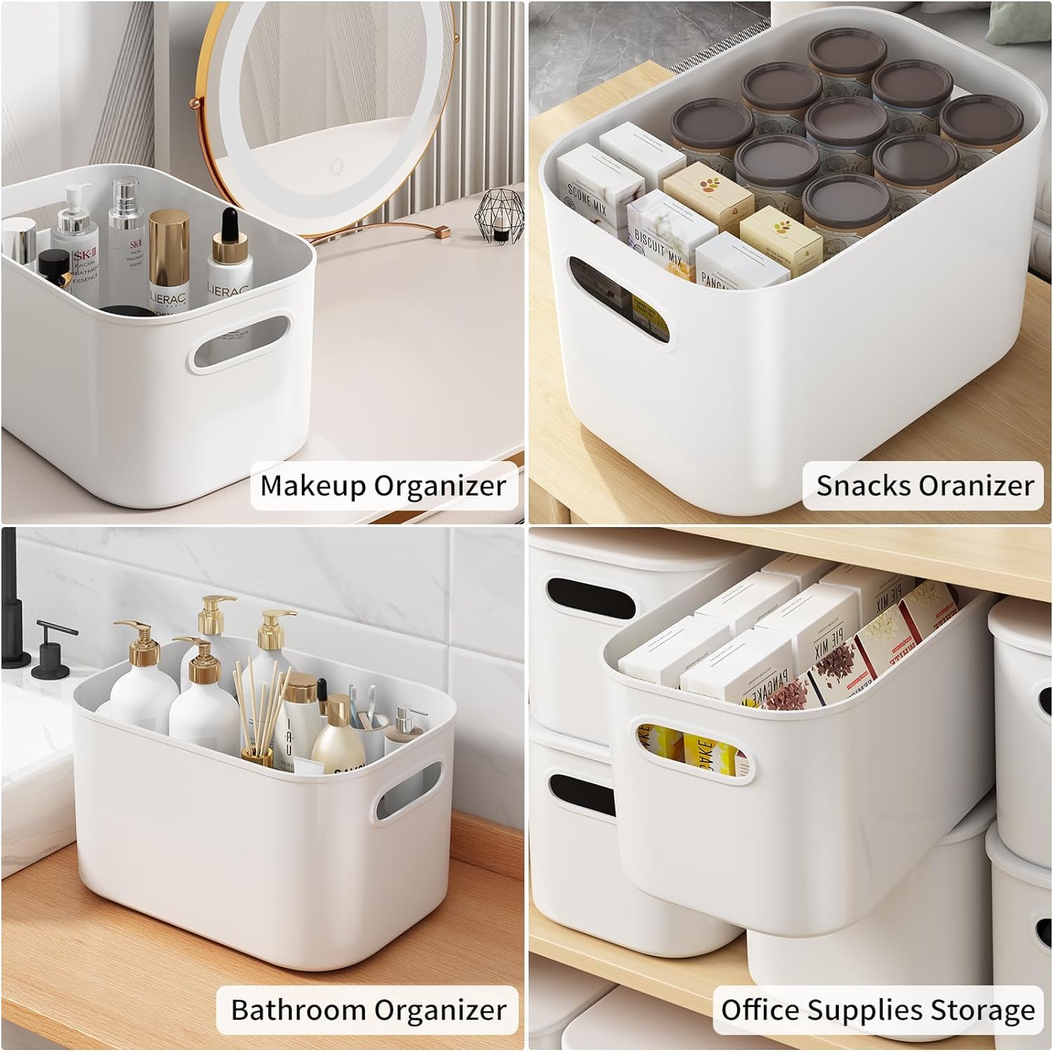 QRZLP 3Pcs Plastic Storage Bins, Multi-functional Storage Basket with Handles Organizers and Storage Bins for Home Cupboard Kitchen Bathroom Office (White,10.2 X 7.3 X 6.3 Inch).