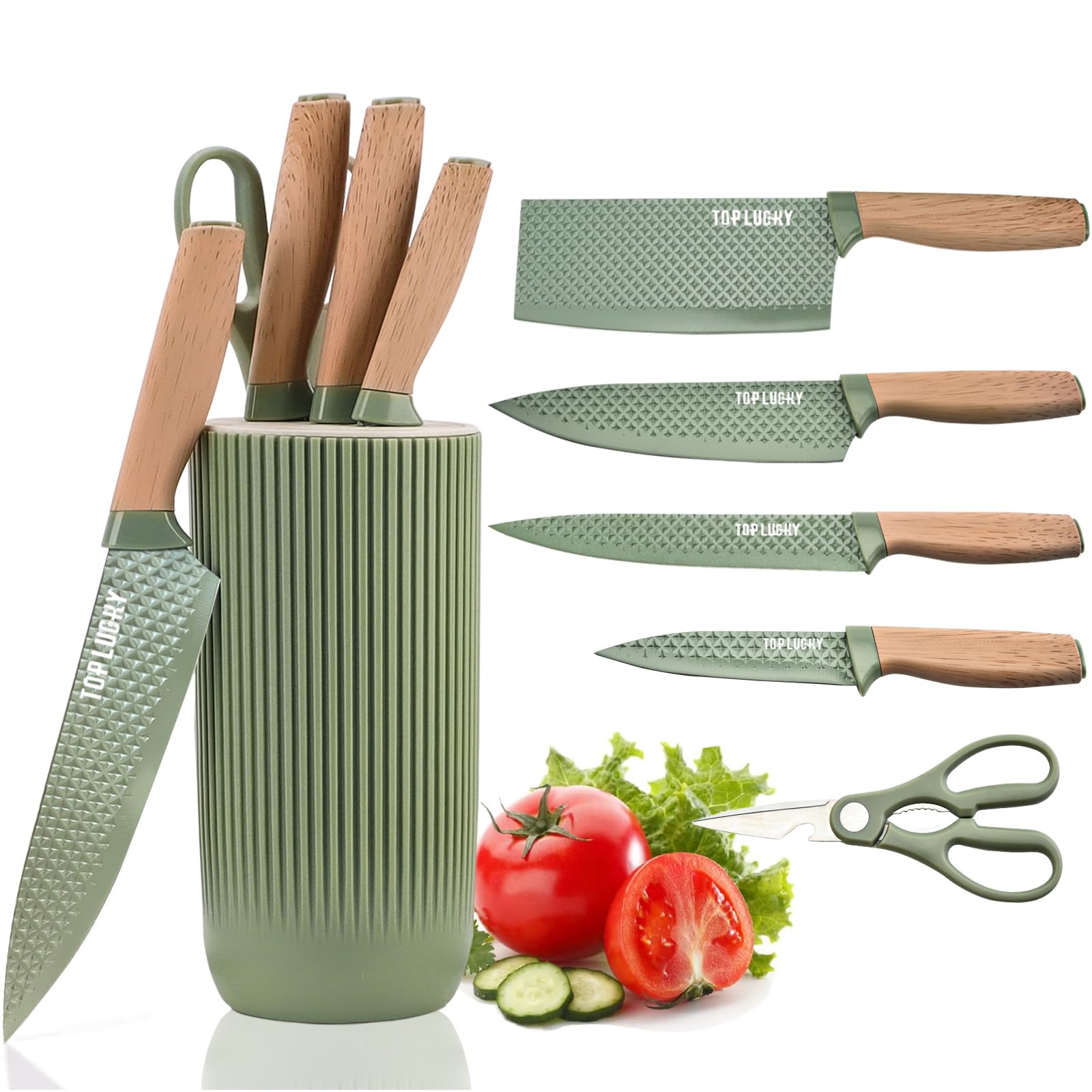 Knife Set, 6 Pieces Professional Kitchen Knife Set with Universal Knife Block, Super Sharp Knife Set with Ergonomic Handle Non-stick Stainless Steel Knife Block Set (Green)