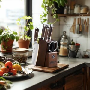 Kitchen Knife Block Set, Chinese High Carbon Stainless Steel Kitchen Knife Set with Block Original Wooden and Shears, Built-in Sharpener, 7 Pieces