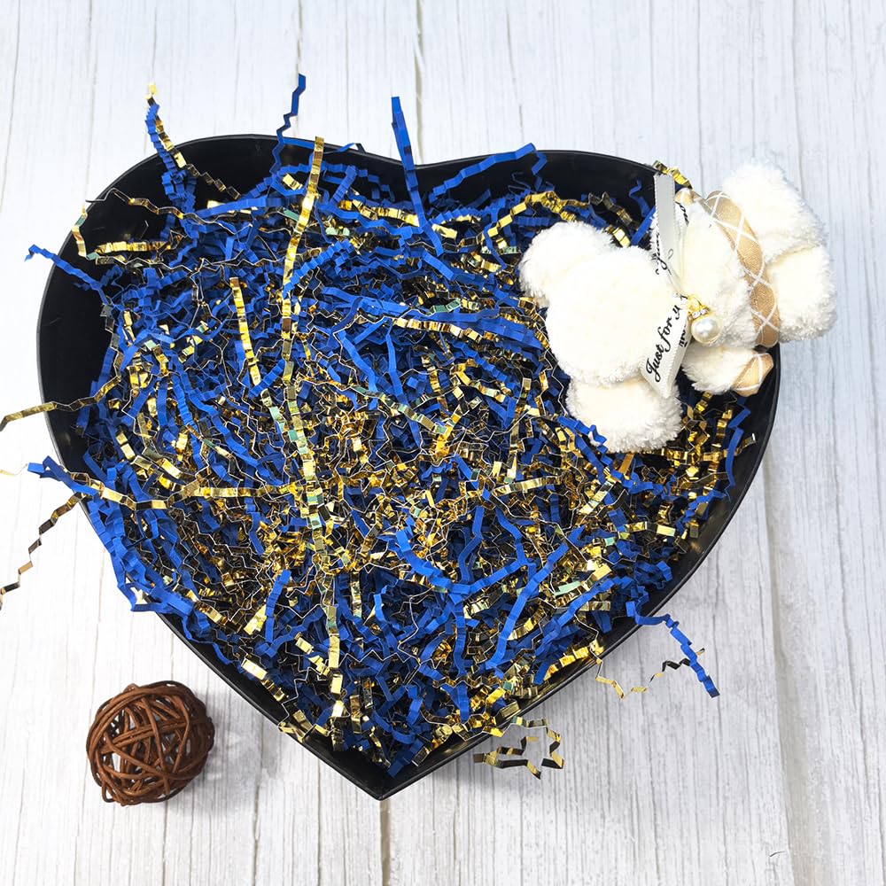 Keoferlo Crinkle Cut Paper 1/2 LB Baskets Shred Filler Paper Metallic Gold and Blue Craft Confetti Grass Raffia for Baskets Gift Wrap Decorations Display Merchandise (Metallic Gold and Blue)