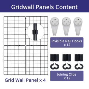 WELLCO Grid Wall Panels, 15.7"x 11.8" Grid Wall for Any Retail Display, Portable and Assembled Wall Grid with Extra Joining Clips and Hooks, 4 Pack, Black