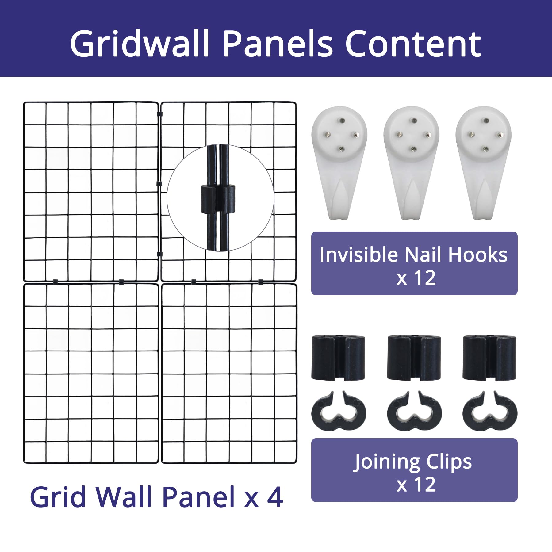 WELLCO Grid Wall Panels, 15.7"x 11.8" Grid Wall for Any Retail Display, Portable and Assembled Wall Grid with Extra Joining Clips and Hooks, 4 Pack, Black