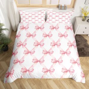 manfei pink bowknot duvet cover queen size dreamy princess style kids girls comforter cover with 2 pillowcases for teens adults watercolor bow geometric grids white bedding set 3 pcs bed cover