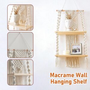 YOJO Macrame Wall Hanging Shelf,2 Tier Boho Wall Plant Hanger Shelves,Handmade Bohemian Woven Floating Shelves for Bedroom Living Room Apartment Home Decor