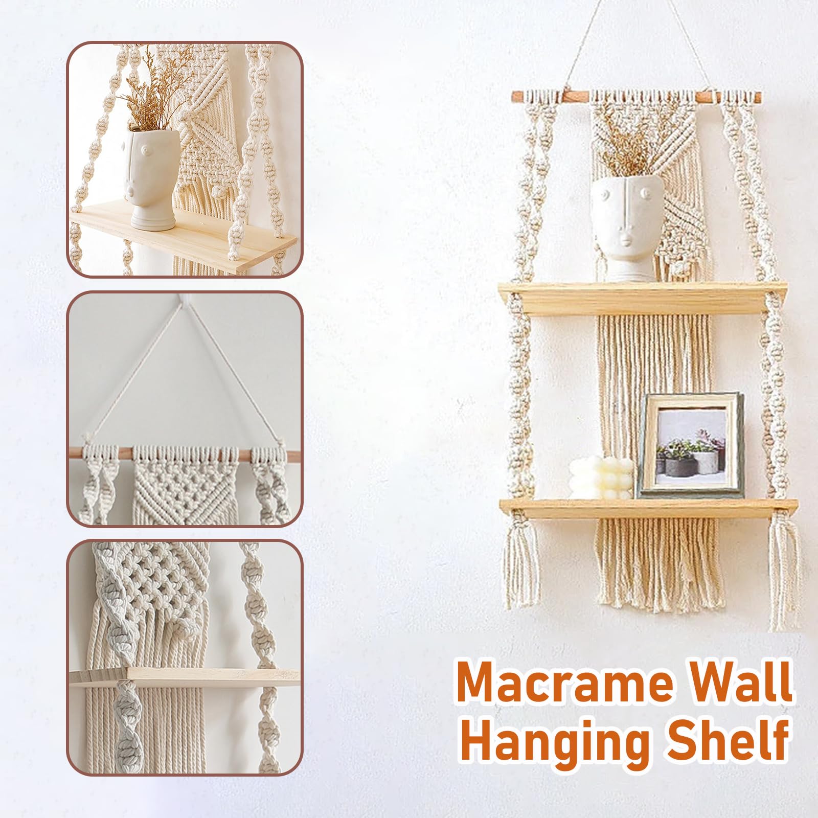 YOJO Macrame Wall Hanging Shelf,2 Tier Boho Wall Plant Hanger Shelves,Handmade Bohemian Woven Floating Shelves for Bedroom Living Room Apartment Home Decor