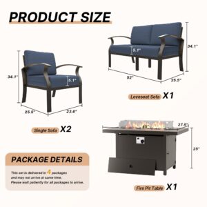 Piltwoff Aluminum Patio Furniture Set,4 Pcs Modern Outdoor Furniture with 45in CSA Propane Fire Pit Table,Patio Conversation Set with 5.1 Inch Cushion for Backyard,Navy