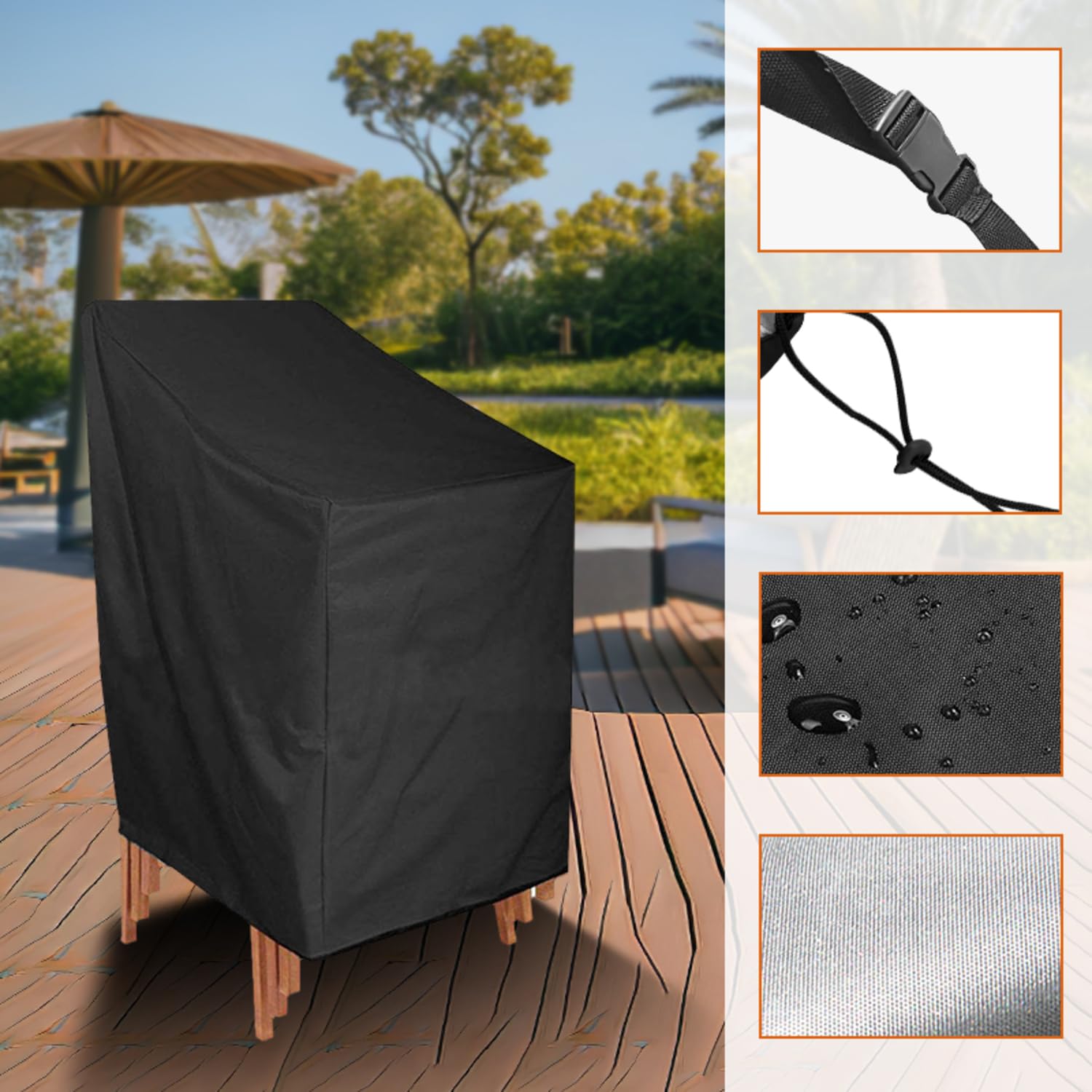 240D Patio Chair Cover ，Outdoor Chair Covers, Patio Waterproof Furniture Covers for 4-6 Stacking Chairs, Black-27 x 27 x 47 inch (1pc 27 x 27 x 47 inch)