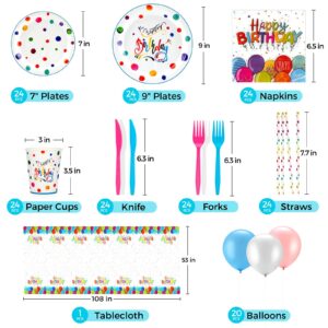 189PCS Birthday Plates and Napkins Party Supplies, Happy Birthday Plates Serve 24, Includes Happy Birthday Plates,Napkins,Tablecloth,Cups,Straws,Knives & Forks,Balloons for Kids Birthday Decorations