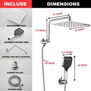 Rain Shower Heads with Handheld Spray Combo, 10 Inch High Pressure Rainfall Showerhead with 11" Extension Arm, 3-Setting Handhled Shower Head with Adjustable Suction Cup Shower Holder, Chrome