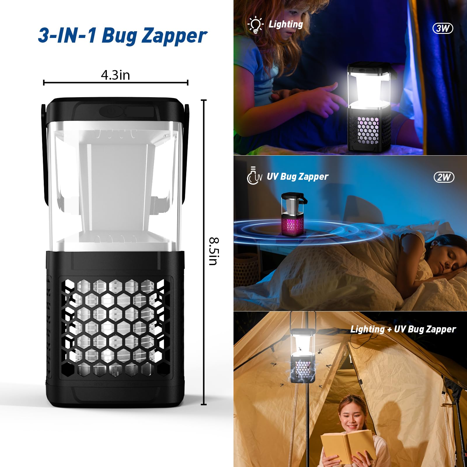 vertmuro Bug Zapper Outdoor, 2-in-1 Portable Mosquito Killer with Lamp, Solar and USB-C Rechargeable Electric Fly Zapper for Camping, Black