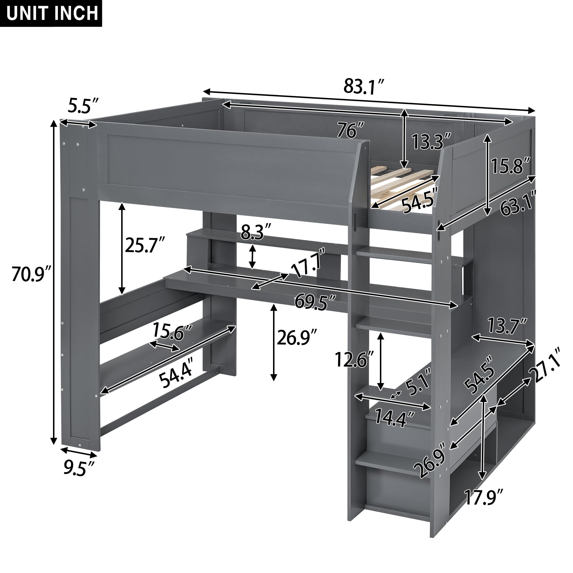 Merax Loft Bed Full Size with Gaming Desk, Mulfunctional Wood Loft Bed with Storage Shelves, Drawer and Charging Station, for Teens Adults (Dark Grey)