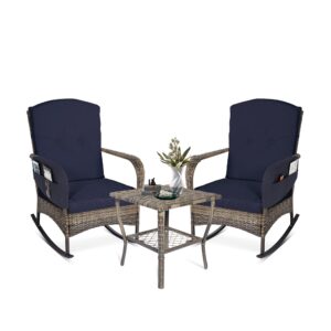 maxprime 3 pieces outdoor wicker rocking chairs, patio rocking chairs set of 2 with cushions, 3 piece patio set, outdoor patio furniture for porch, backyard, bistro, blue