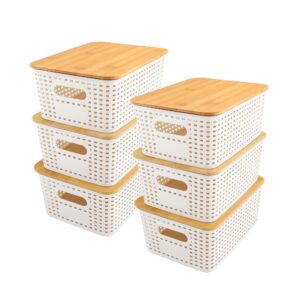 plastic storage baskets with lid - plastic storage containers stackable storage bins: storage baskets for organizing shelves drawers desktop closet playroom classroom office (bamboo lid, white)