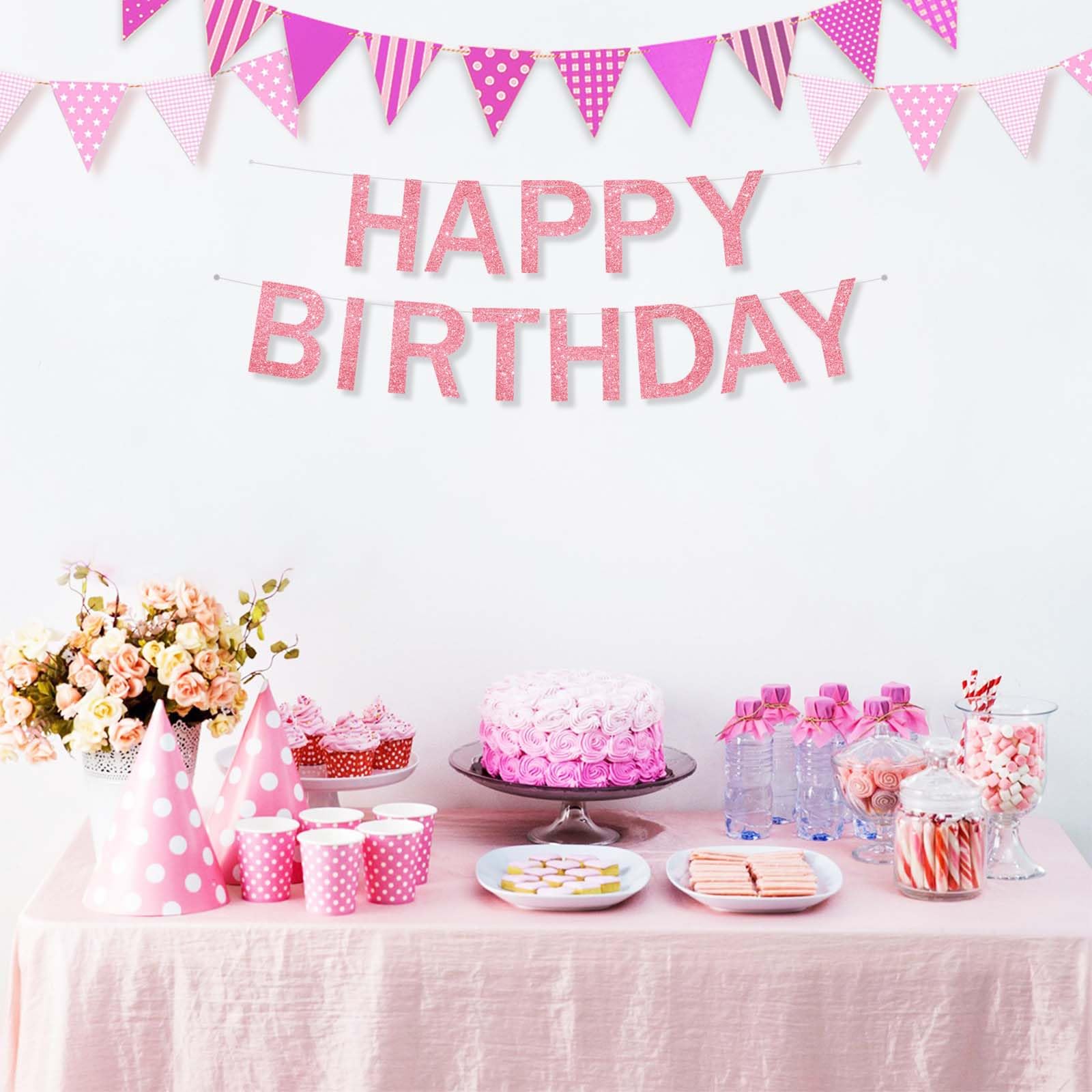 FALIZIFU Pink Happy Birthday Banner Birthday Sign Pink Happy Birthday Decorations for Men Women Birthday Party Supplies Wall Door Banner Flag