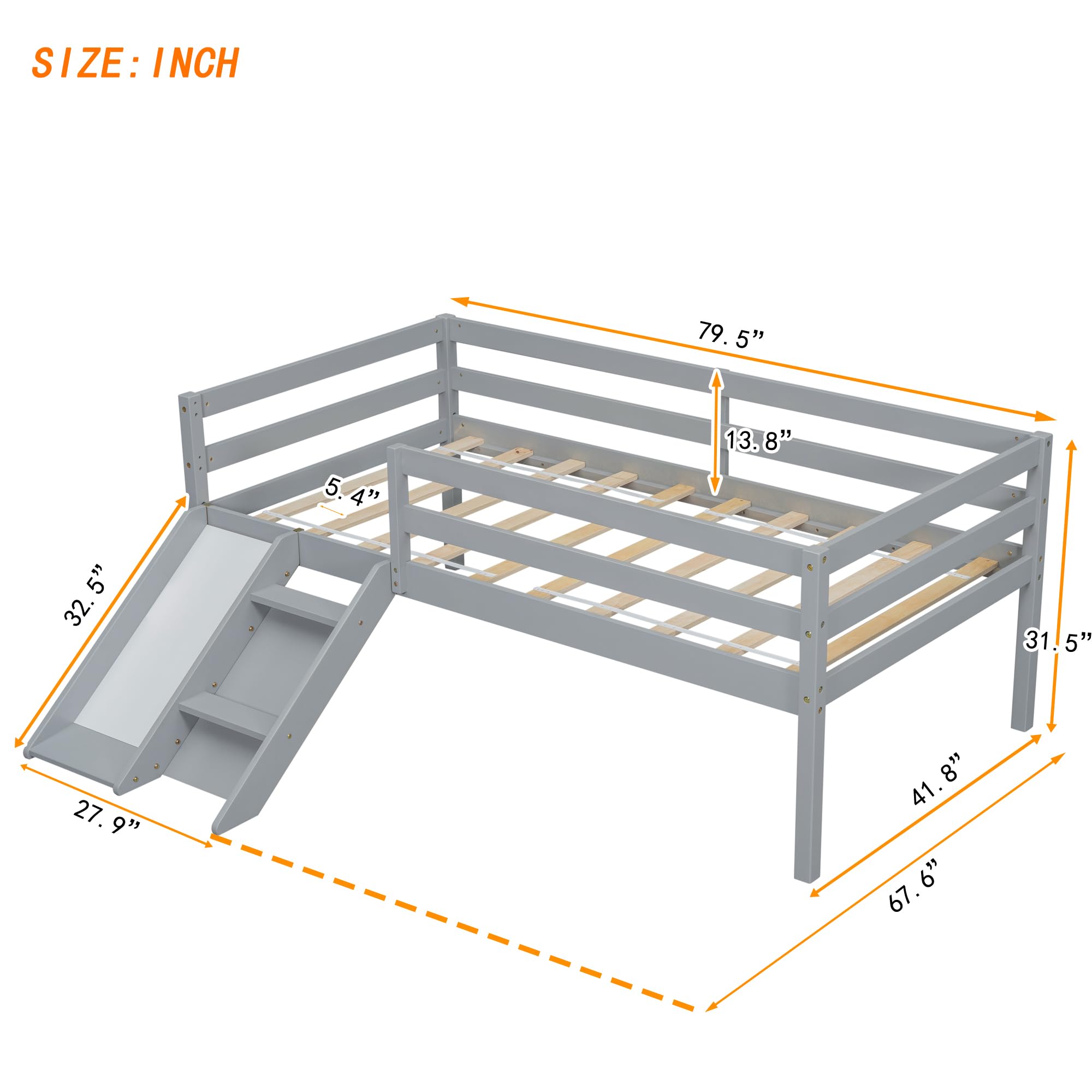 Low Loft Bed with Slide, Twin Size Kids Loft Bed Frame with Climbing Ladder and Safety Guard Rail, Wood Junior Loft Bed for Girls, Boys, Kids, Matte Gray.