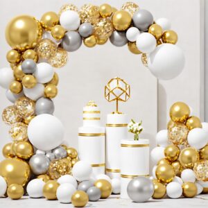 80Pcs Gold White Silver Balloons Garland Arch Kit Different Sizes, Latex Balloons Set for Wedding Birthday Graduation Baby Shower Bachelorette Engagement Anniversary Party Decorations