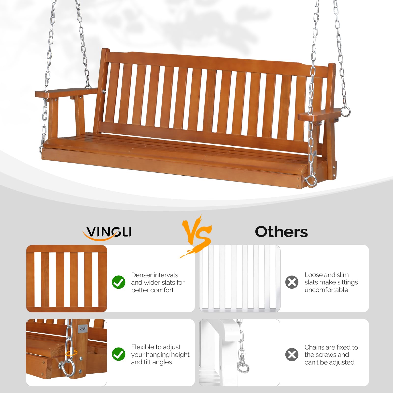 VINGLI Heavy Duty 880 LBS 5 FT Wooden Porch Swing Outdoor, Outdoor Hanging Swing Bench (5 FT, Brown)