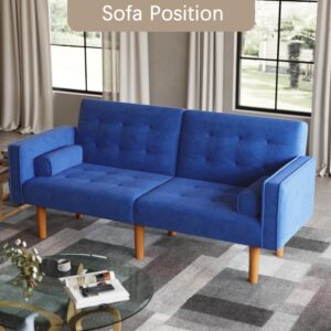 Furmax Convertible Futon Sofa Bed Fabric Modern Folding Couch, Upholstered Couch Recliner with 2 Pillows and Armrests for Living Room Lounge, Sturdy Wood Legs Fabric Home Recliner Sofa. (Blue)