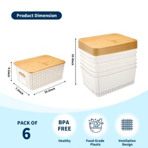 Plastic Storage Baskets with Lid - Plastic Storage Containers Stackable Storage bins: Storage Baskets for Organizing Shelves Drawers Desktop Closet Playroom Classroom Office (BAMBOO LID, WHITE)