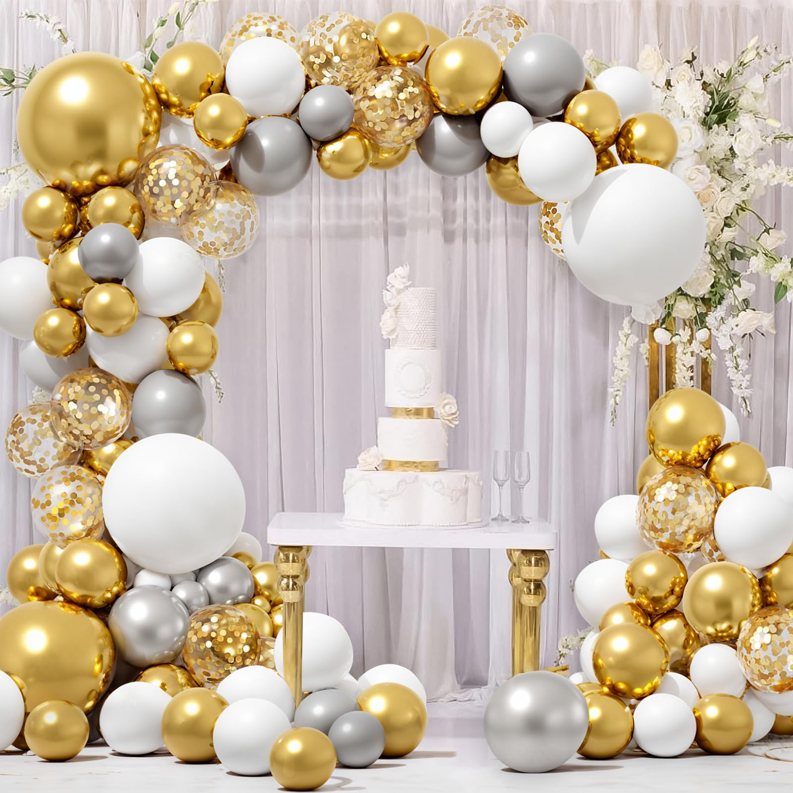 80Pcs Gold White Silver Balloons Garland Arch Kit Different Sizes, Latex Balloons Set for Wedding Birthday Graduation Baby Shower Bachelorette Engagement Anniversary Party Decorations