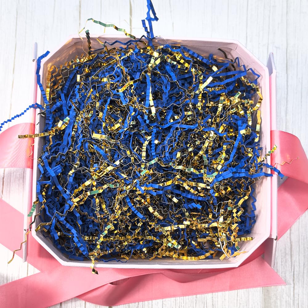 Keoferlo Crinkle Cut Paper 1/2 LB Baskets Shred Filler Paper Metallic Gold and Blue Craft Confetti Grass Raffia for Baskets Gift Wrap Decorations Display Merchandise (Metallic Gold and Blue)