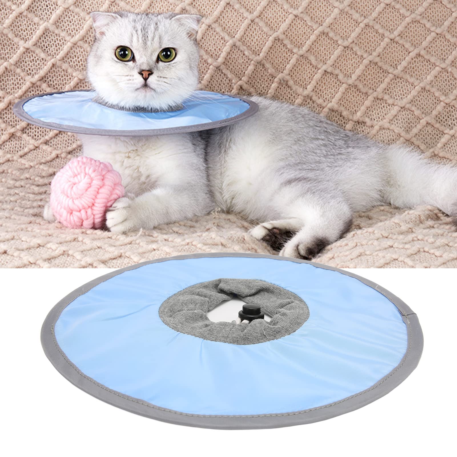 Cat Round Collar, Adjusted Drawstring Prevent Licking After Surgery Cat Recovery Collar for Home Cat Kitten Dog Puppy Small Pet Wound Healing(L 35cm / 13.8in-Light Blue)