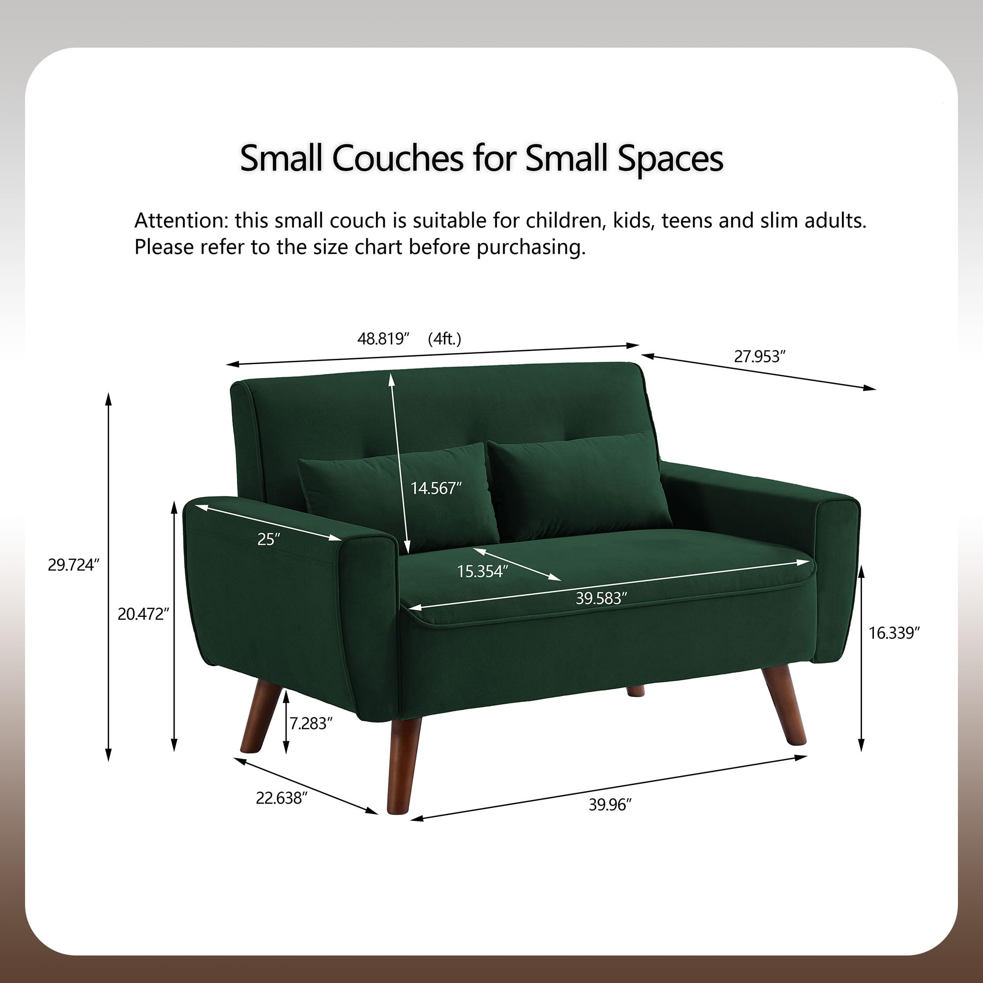 Tornama 48" Small Loveseat Sofa Set, 2-Piece Mid Century Modern Love Seat Couch, 2 Seat Tufted Couches with Throw Pillows for Living Room, Apartment, Bedroom and Small Spaces, Green