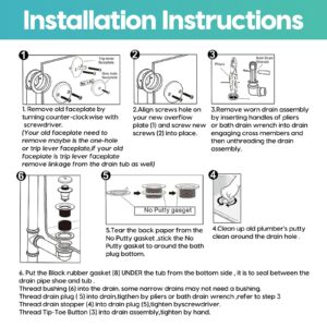 WRISIN Black Tub Drain Kit with Overflow, Tip-Toe Bath Tub Drain and Two-Hole Overflow Cover Plate, Universal Fit