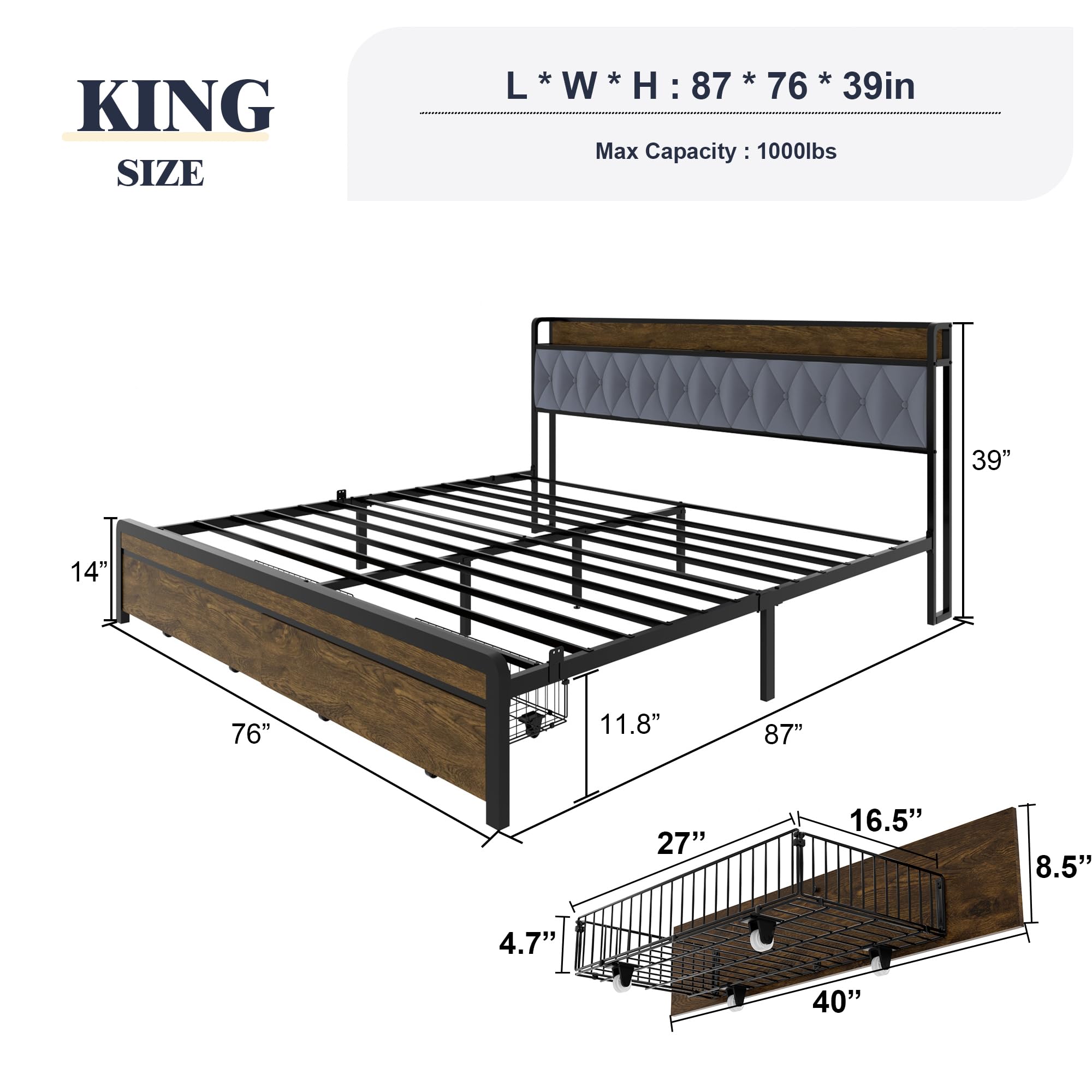 HAOARA King Size Metal Platform Bed Frame with 2 Storage Drawers & LED Light, Velvet Button-Tufted Headboard with Outlet & USB Charging Port, Heavy Duty, Brown Wooden Panel, No Box Spring Needed