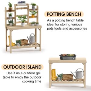 Highpro Outdoors Potting Benches Table, Garden Work Table Outside, Wooden Workstation Table with Storage Shelf