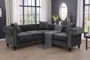 sienwiey chesterfield sectional sofa,deep 80 inch luxurious l shaped couch button tufted velvet sofa/upholstered rolled arm with rivets/chesterfield settee modern 5 seater sofa for living room，black