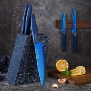 Wanbasion Marbling Kitchen Knife Set With Block, Sharp Kitchen Knife Set Block, Stainless Steel Chef Knife Set with Block Sharpener 6PCS Blue