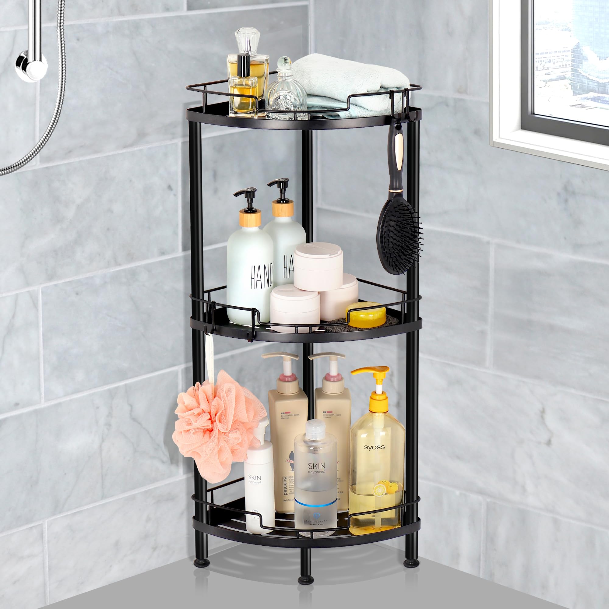 Outink Corner Shower Caddy Stand, Metal Floor Standing Shower Organizer with 4 Hooks, Multi-Function Shower Shelf Rack Stand for Bathroom Inside Shower (3-Tier)